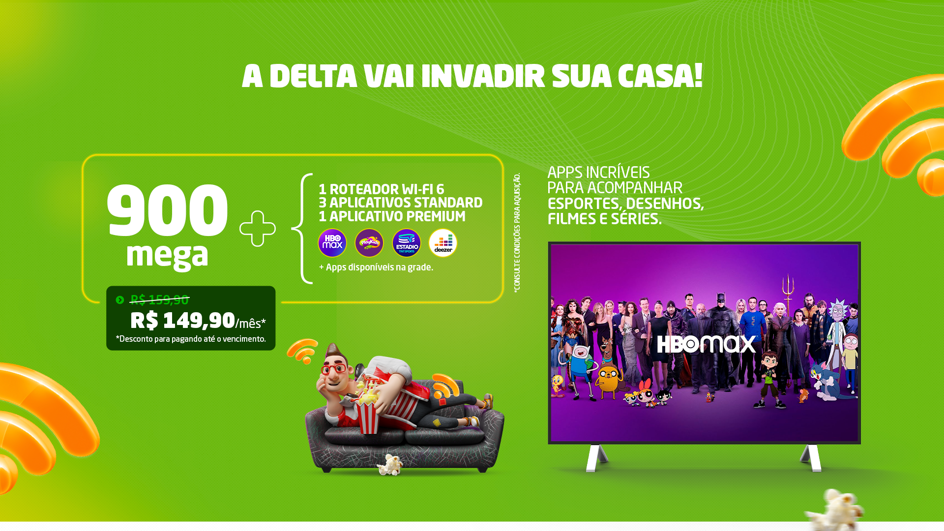 Banner principal Delta Fibra com plano de internet de 900 MB e acesso a filmes